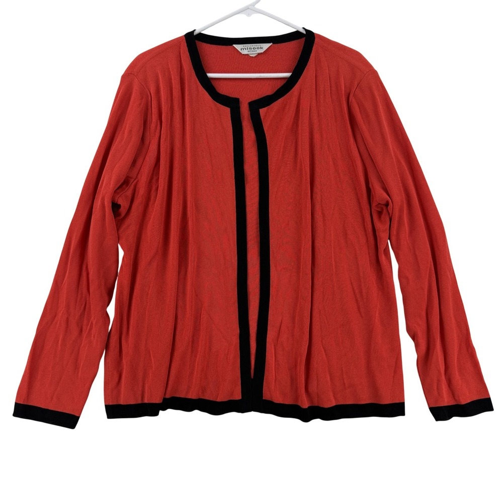 Misook Cardigan Sweater Womens 2X Orange Black Trim Open Front Knit Long‎ Sleeve